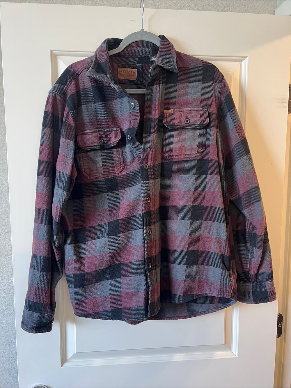 Orvis Men's Burgundy and Gray Plaid Button-Down Shirt Jacket